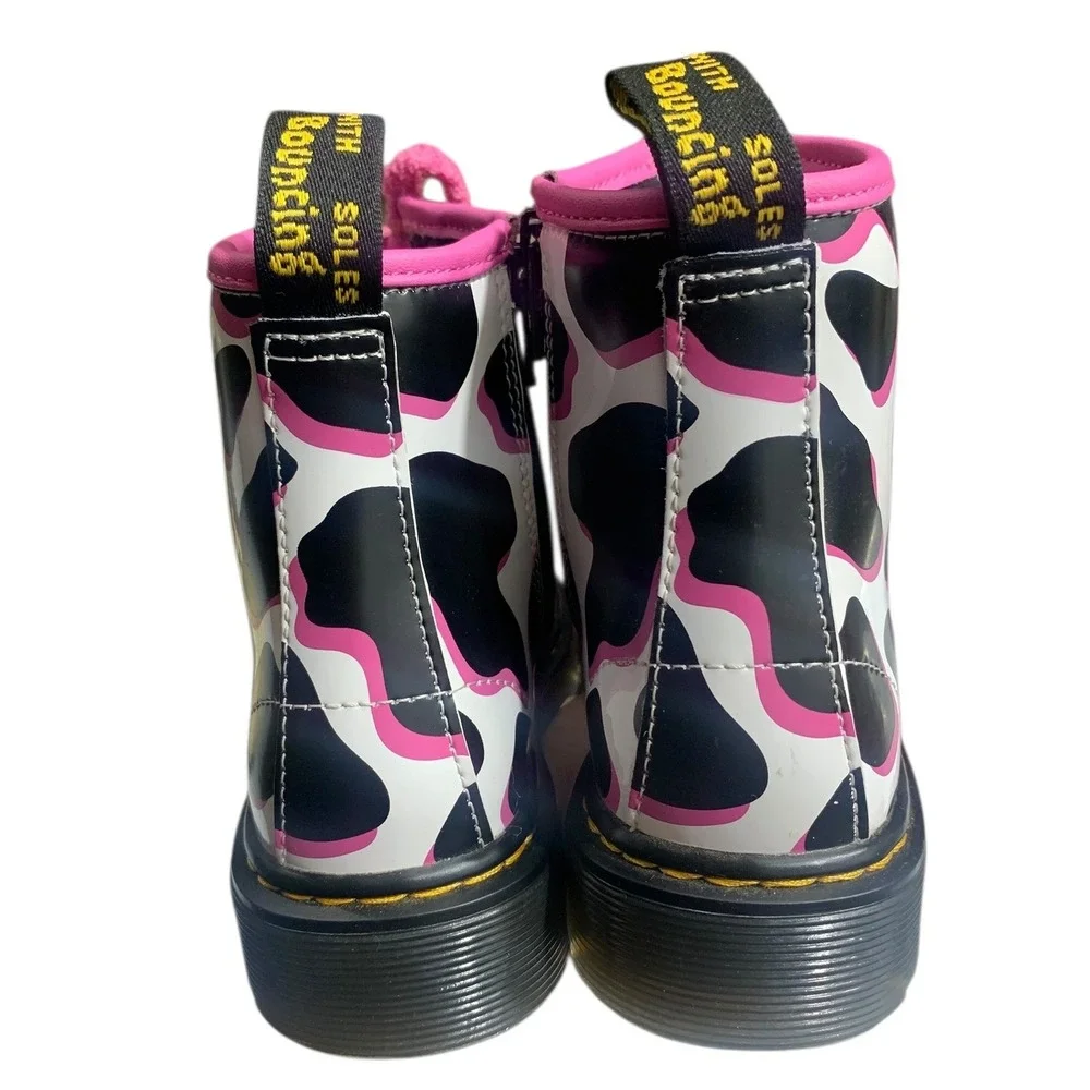 Kids Dr Martens Boots Cow Print Pink Laces Side‎ Zip Youth Size 1